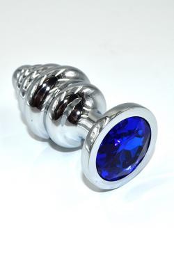 Серебряная ребристая анальная пробка с темно-синим кристаллом (Medium)