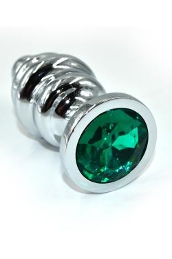 Серебряная ребристая анальная пробка  темно-зеленым кристаллом (Medium)
