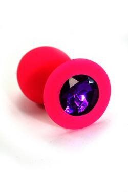 Розовая анальная пробка из силикона с темно-фиолетовым кристаллом (Medium)