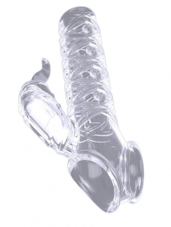 Вибронасадка сквозная рельефная с держателем мошонки и клиторальным стимулятором, 12 см