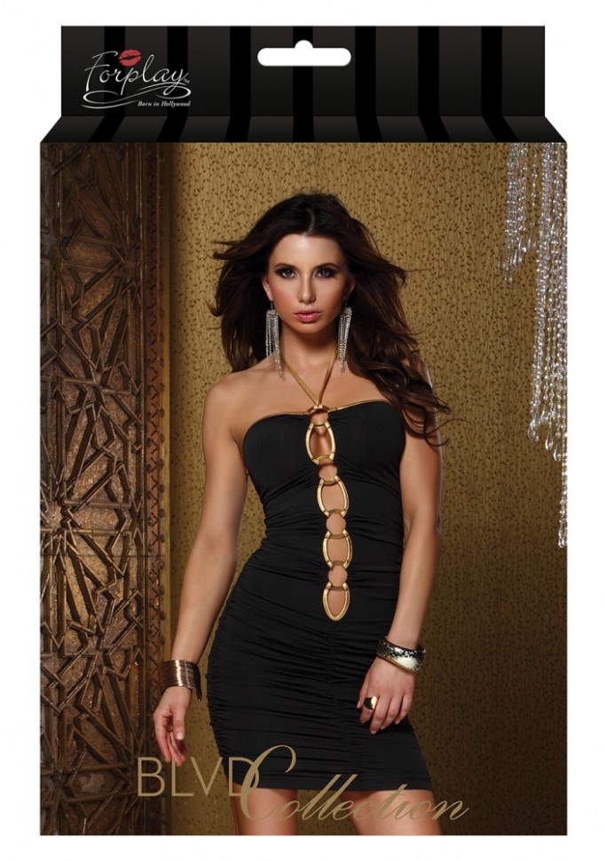 Платье с золотой  цепочкой на груди Trimmed  halter mini dress black L