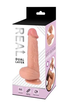 Реалистичный фаллоимитатор REAL Dual Layer с мошонкой на присоске, dual PVC, 14х4 см.