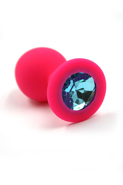 Розовая анальная пробка из силикона с нежно-голубым кристаллом (Medium)