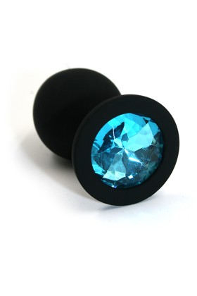 Черная анальная пробка из силикона с нежно-голубым кристаллом (Medium)