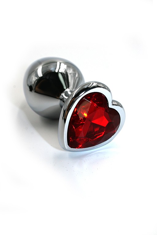 Серебряная анальная пробка с ярко-красным кристаллом в форме сердца (Medium)