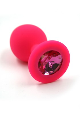 Розовая анальная пробка из силикона с ярко-розовым кристаллом (Medium)